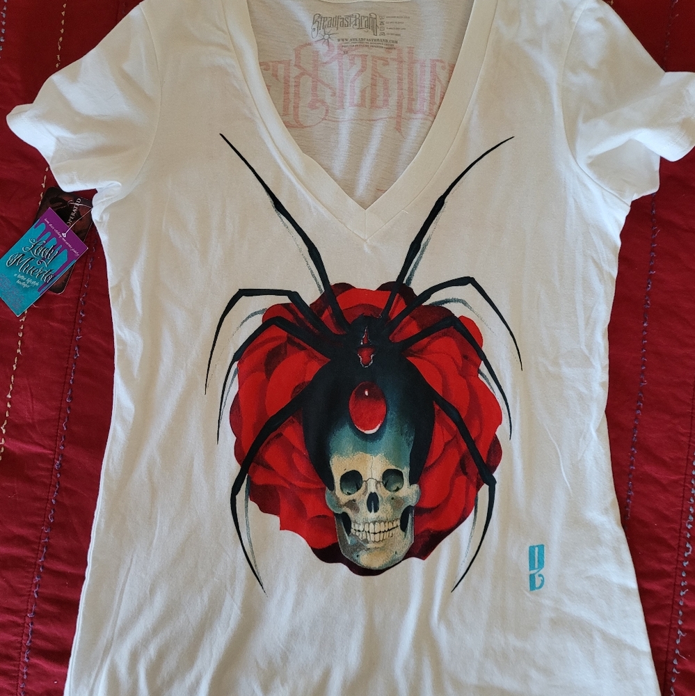 Steadfast brand Black Widow maker Skull Tattoo art punk goth shirt. Sz XL
